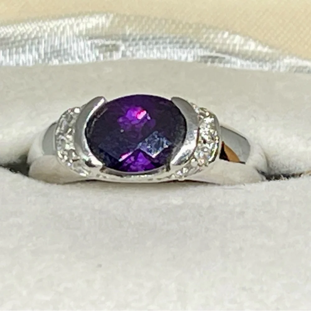 925 Real Amethyst Diamond Sterling Faceted Ring Sz 8